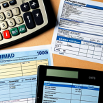 **

A collection of medical bills and receipts (Vietnamese Dong currency visible) organized neatly on a table, alongside a partially filled-out Vietnamese tax form. A calculator and pen are also present. The overall mood should be slightly stressful, conveying the feeling of dealing with taxes and medical expenses.

**