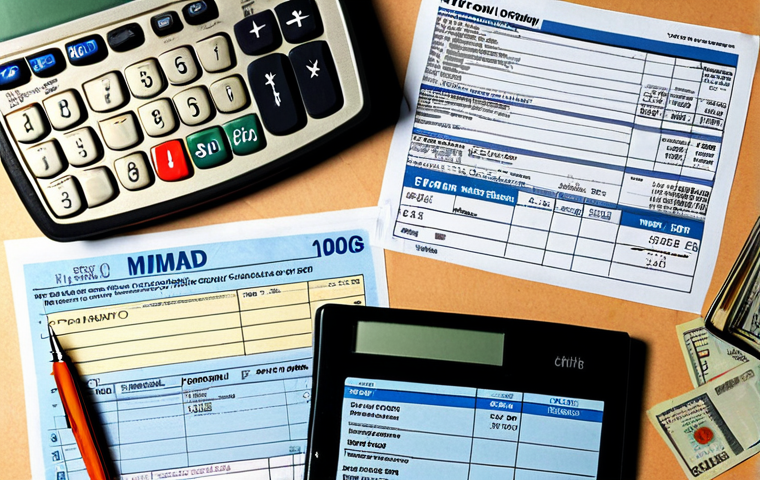 **
A collection of medical bills and receipts (Vietnamese Dong currency visible) organized neatly on a table, alongside a partially filled-out Vietnamese tax form. A calculator and pen are also present. The overall mood should be slightly stressful, conveying the feeling of dealing with taxes and medical expenses.
**
