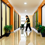 ** A tidy apartment complex hallway in Vietnam, reflecting community cleaning efforts. Show lush potted plants, clean floors, and a sense of pride in communal space.  Perhaps include a friendly cleaning staff member in the background.  Style: Realistic photograph.

**