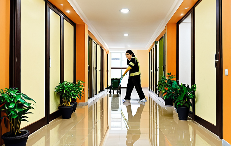 ** A tidy apartment complex hallway in Vietnam, reflecting community cleaning efforts. Show lush potted plants, clean floors, and a sense of pride in communal space. Perhaps include a friendly cleaning staff member in the background. Style: Realistic photograph.
**