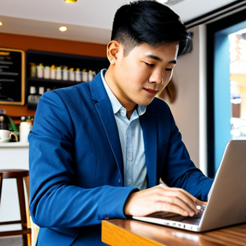 Home 15 해외송금 세금 문제 - A Vietnamese freelancer working on a laptop at a modern cafe, fully clothed in casual but profession...