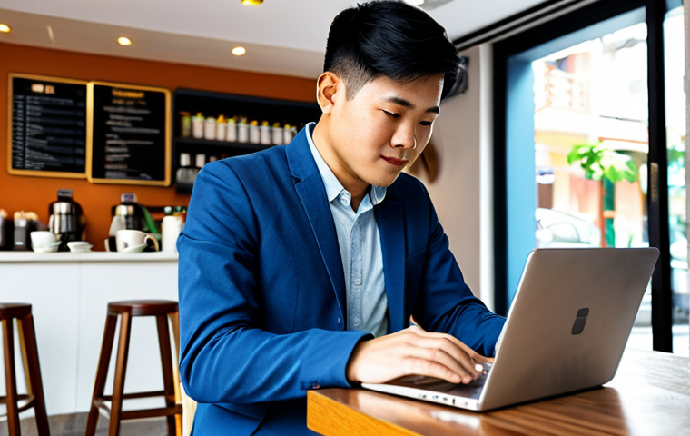 해외송금 세금 문제 - A Vietnamese freelancer working on a laptop at a modern cafe, fully clothed in casual but profession...