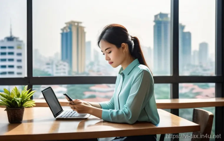 외국인 소득세 신고 요령 - **Prompt 1: Navigating Online Tax Declaration with VNeID**
    A young adult foreign woman (30s, Eas...