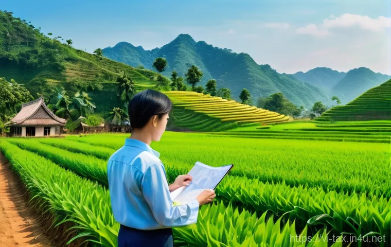 농지 취득과 세금 문제 - **Prompt 1: A Vietnamese family inspecting a potential plot of agricultural land in a vibrant rural ...