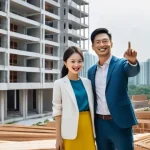 Home 15 주택 분양권 세금 문제 - **Prompt: "Future Home Dream in a Thriving City"**
"A cheerful Vietnamese couple, dressed in sma...