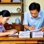 의료비 세액공제 기준 - A Vietnamese family in a modern home setting organizing and categorizing medical receipts and invoic...