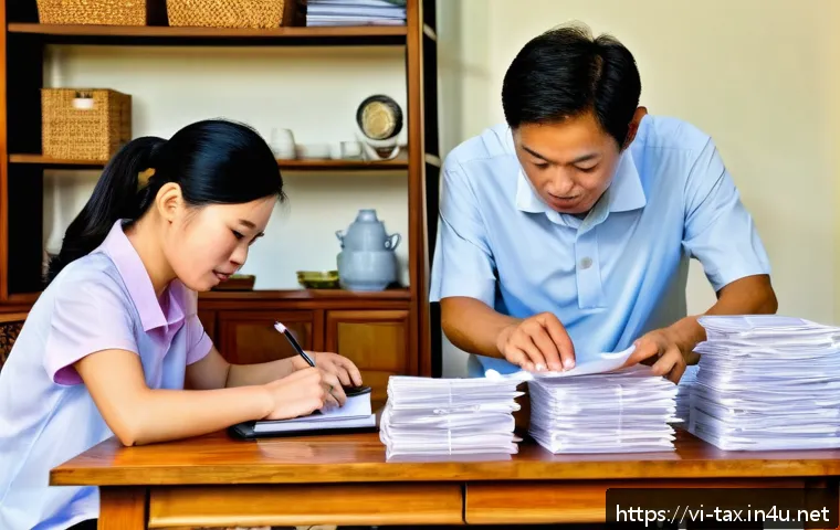 의료비 세액공제 기준 - A Vietnamese family in a modern home setting organizing and categorizing medical receipts and invoic...