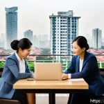 1가구 2주택 세금 규정 - A modern Vietnamese urban scene showing a middle-class Vietnamese family discussing real estate taxe...